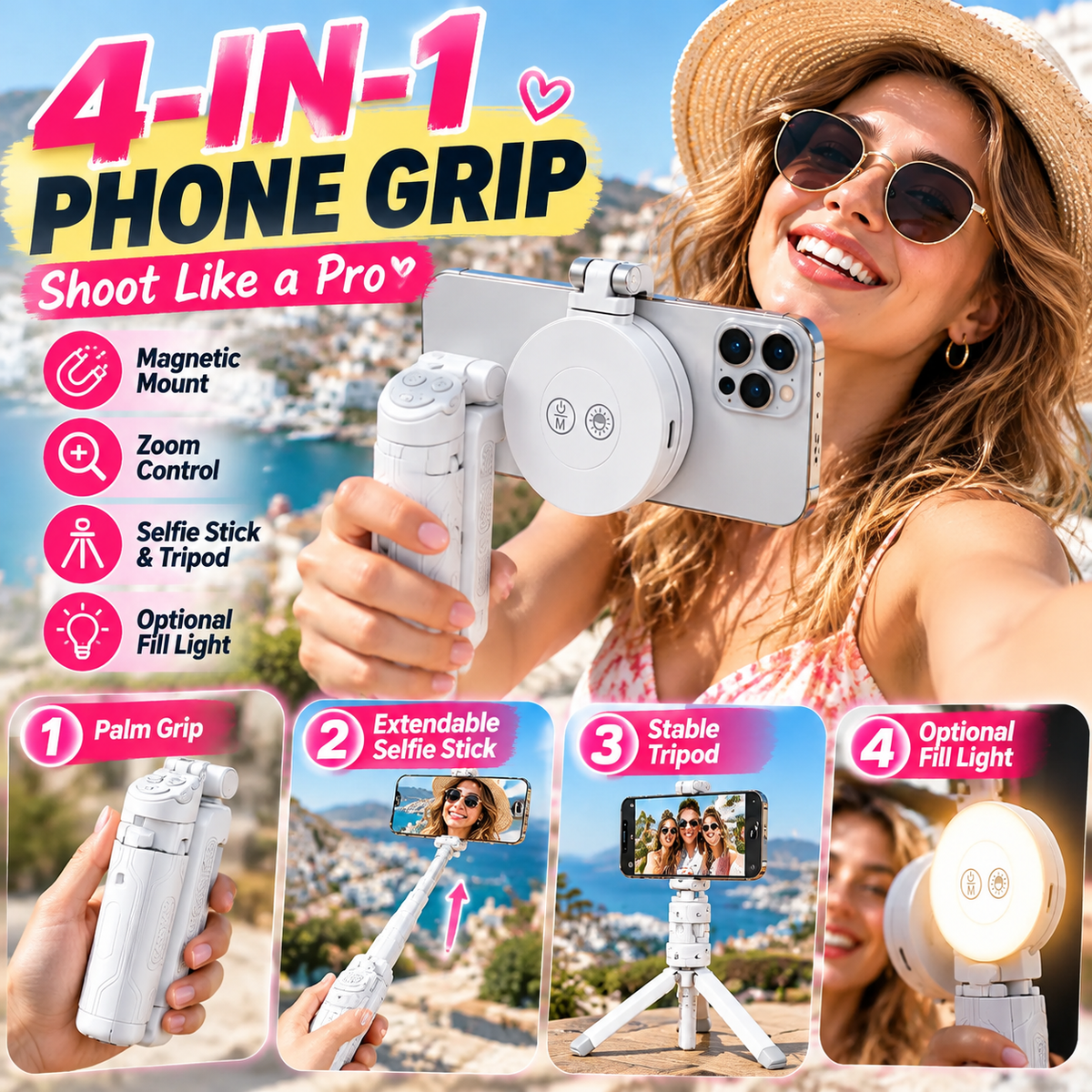Magnetic Phone Grip – Zoom Control, Selfie Stick & Tripod