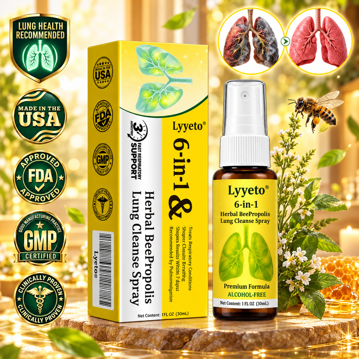 🐝 Lyyeto® Herbal BeePropolis Lung Cleanse Spray – 6-in-1 Botanical Formula🍀