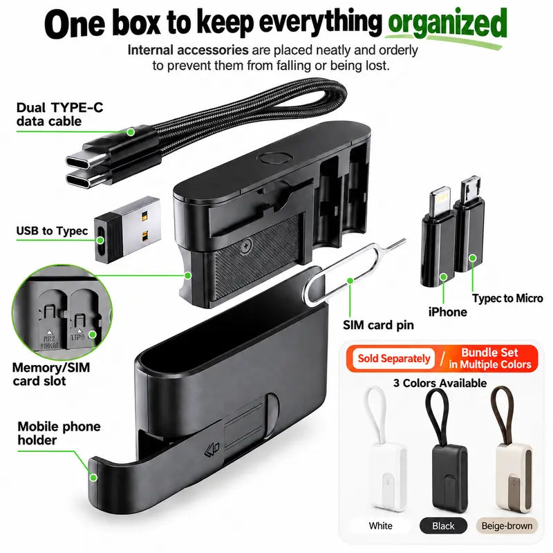 🔌 All-in-One Travel Cable Kit – USB-C Cable, 3 Adapters, SIM/TF Storage & Phone Stand