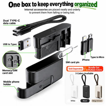 🔌 All-in-One Travel Cable Kit – USB-C Cable, 3 Adapters, SIM/TF Storage & Phone Stand