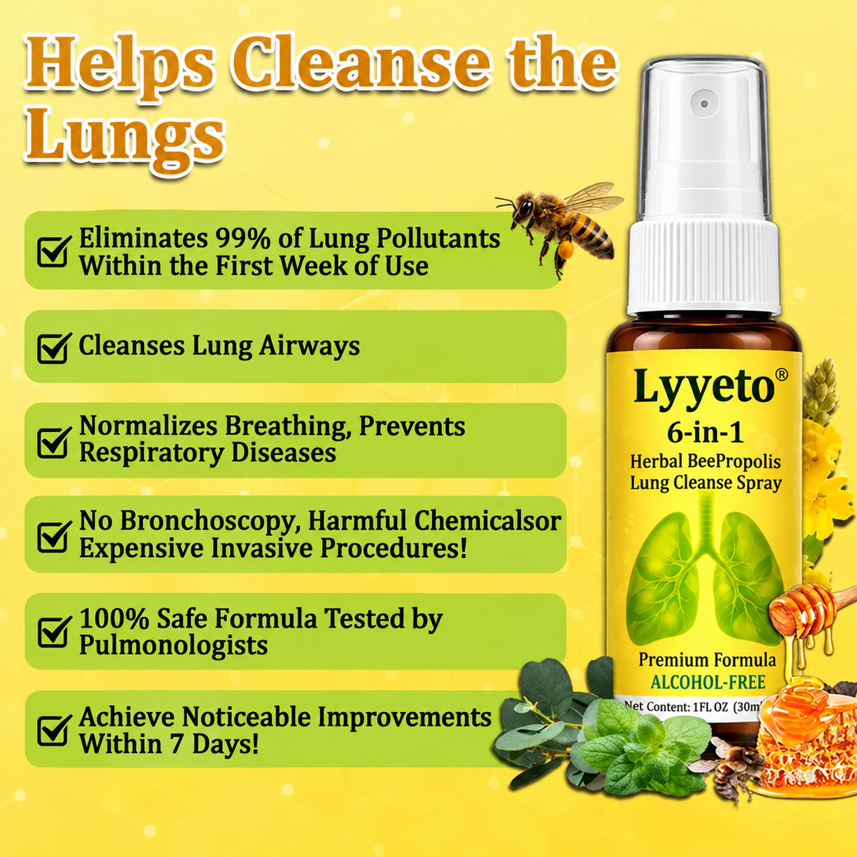 🐝 Lyyeto® Herbal BeePropolis Lung Cleanse Spray – 6-in-1 Botanical Formula🍀
