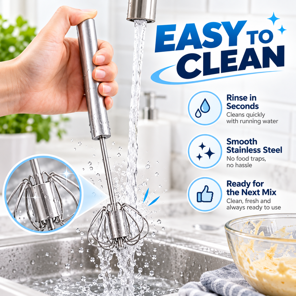 Self-Spinning Press Whisk for Effortless Egg Mixing, Cream Whipping & Everyday Kitchen Cooking
