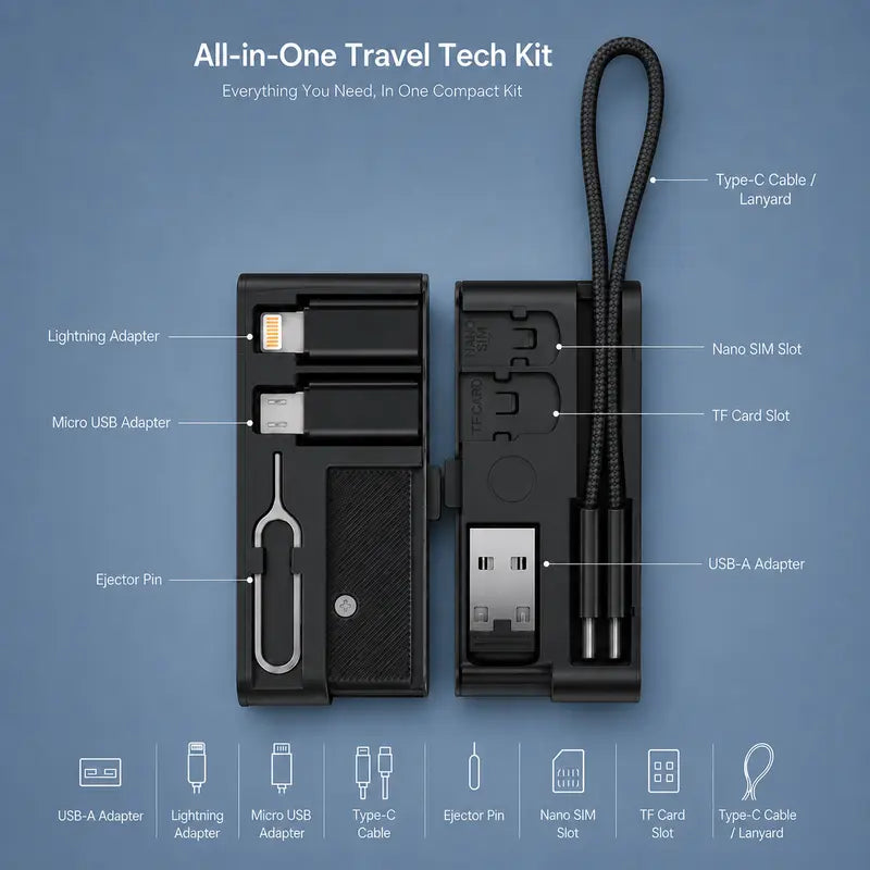🔌 All-in-One Travel Cable Kit – USB-C Cable, 3 Adapters, SIM/TF Storage & Phone Stand