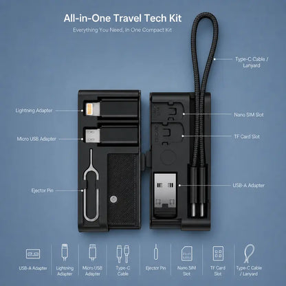 🔌 All-in-One Travel Cable Kit – USB-C Cable, 3 Adapters, SIM/TF Storage & Phone Stand