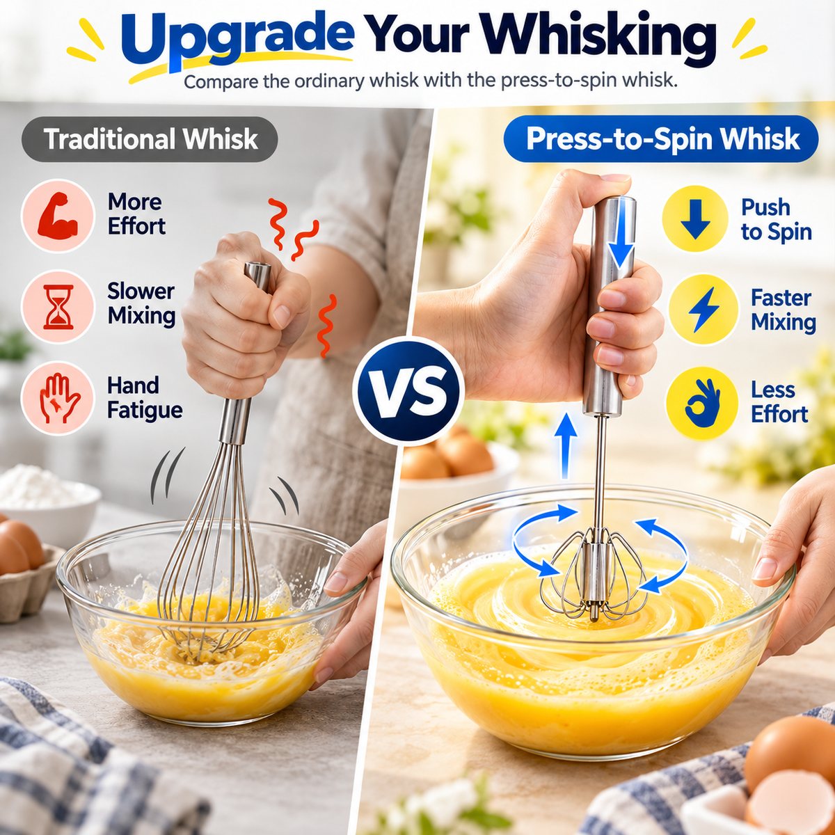 Self-Spinning Press Whisk for Effortless Egg Mixing, Cream Whipping & Everyday Kitchen Cooking