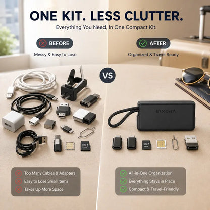 🔌 All-in-One Travel Cable Kit – USB-C Cable, 3 Adapters, SIM/TF Storage & Phone Stand