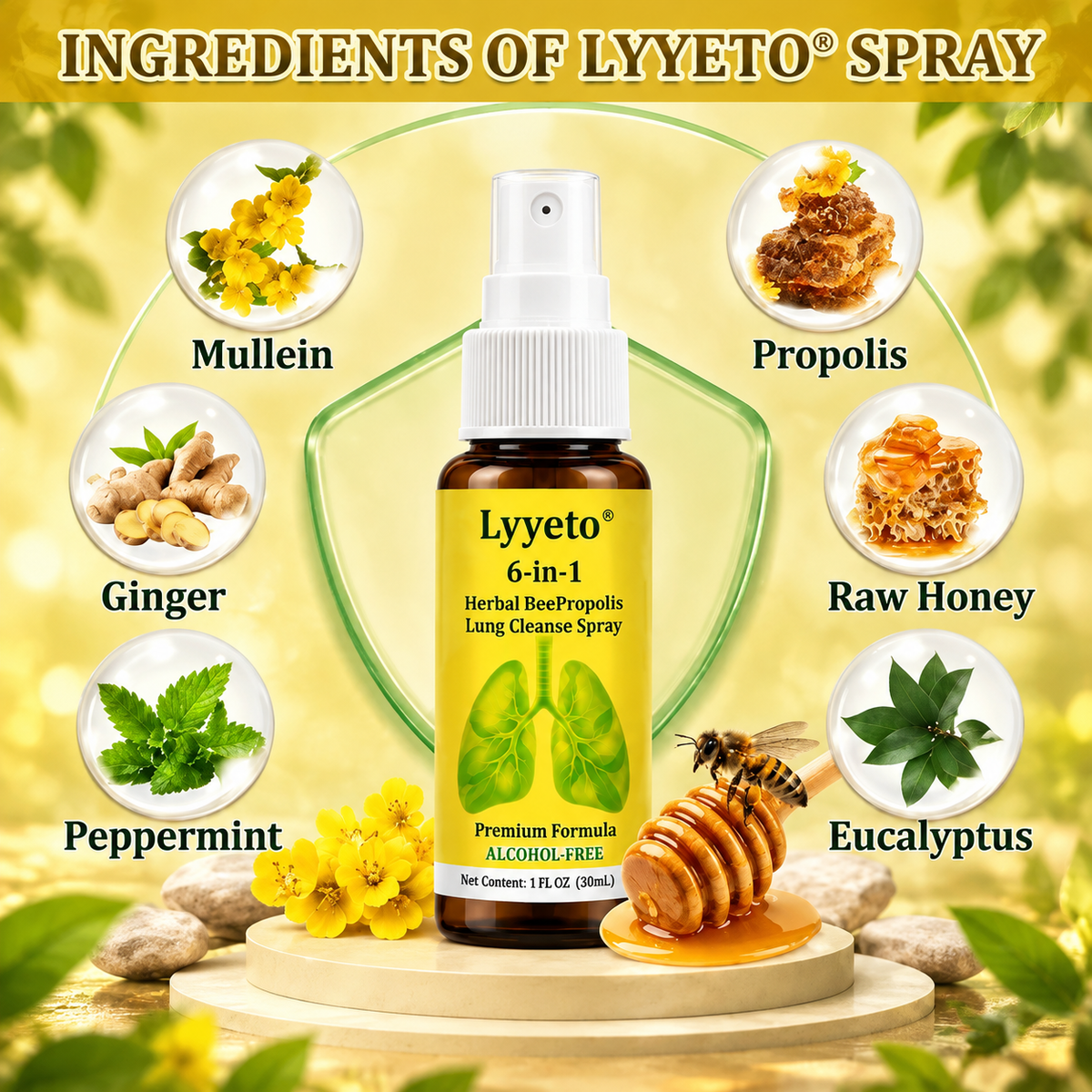 🐝 Lyyeto® Herbal BeePropolis Lung Cleanse Spray – 6-in-1 Botanical Formula🍀